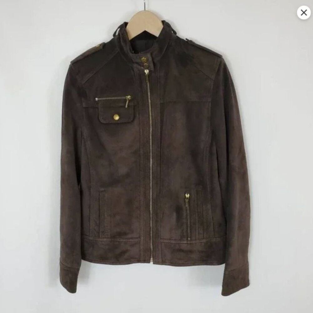 EUC! Anne Klein Suede Vintage Inspired Moto / Miliatry Style Leather Jacket, M